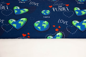 French Terry + Bündchen "Save the Planet", blau, weiß